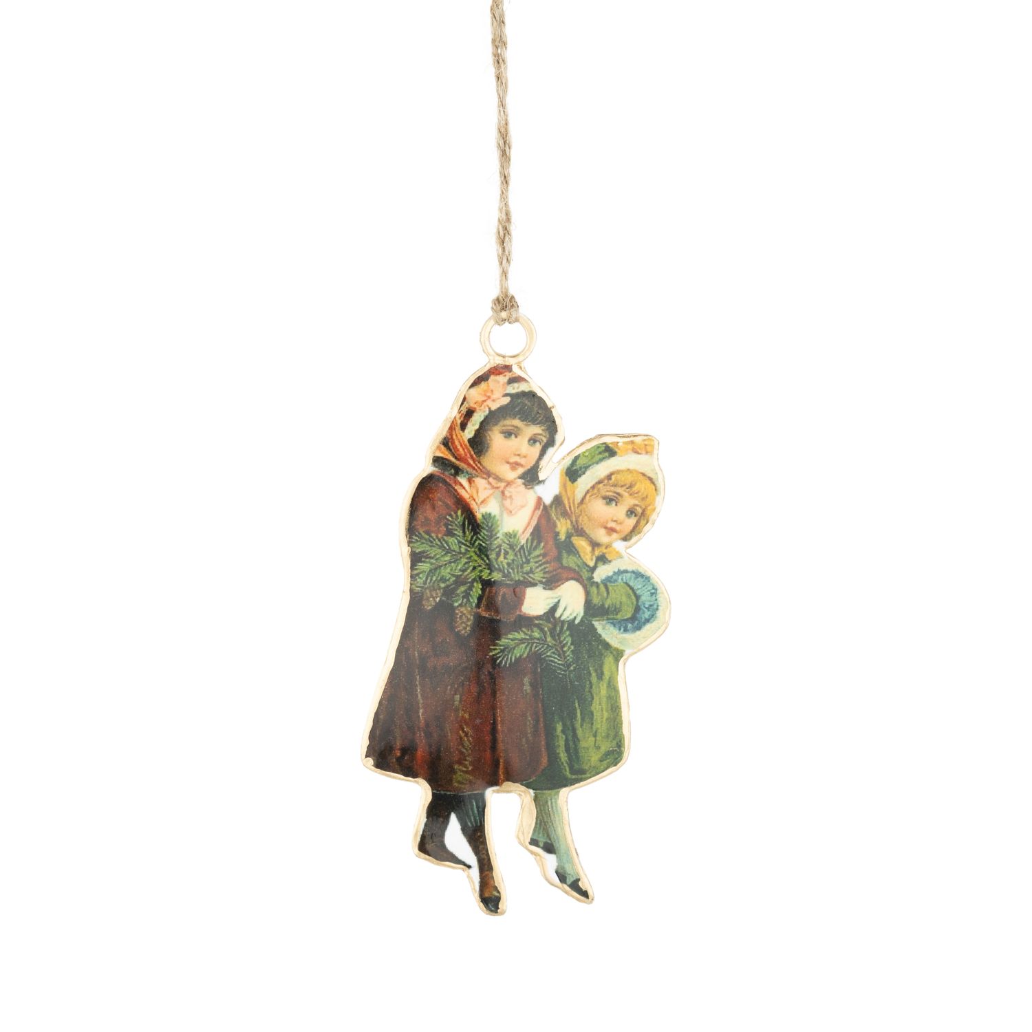 Vintage transfer on metal ornament, 2 girls, 4 in  12      