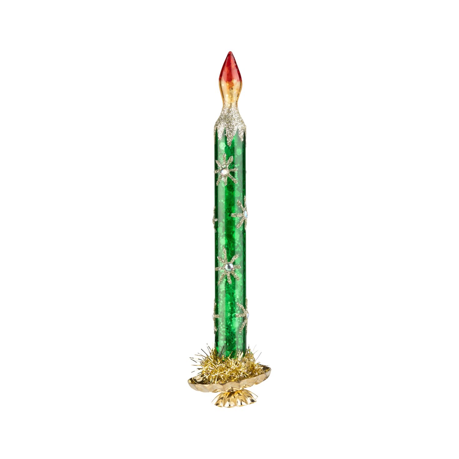 Glass clip on candle ornament, green with gold stars, 7 in  12