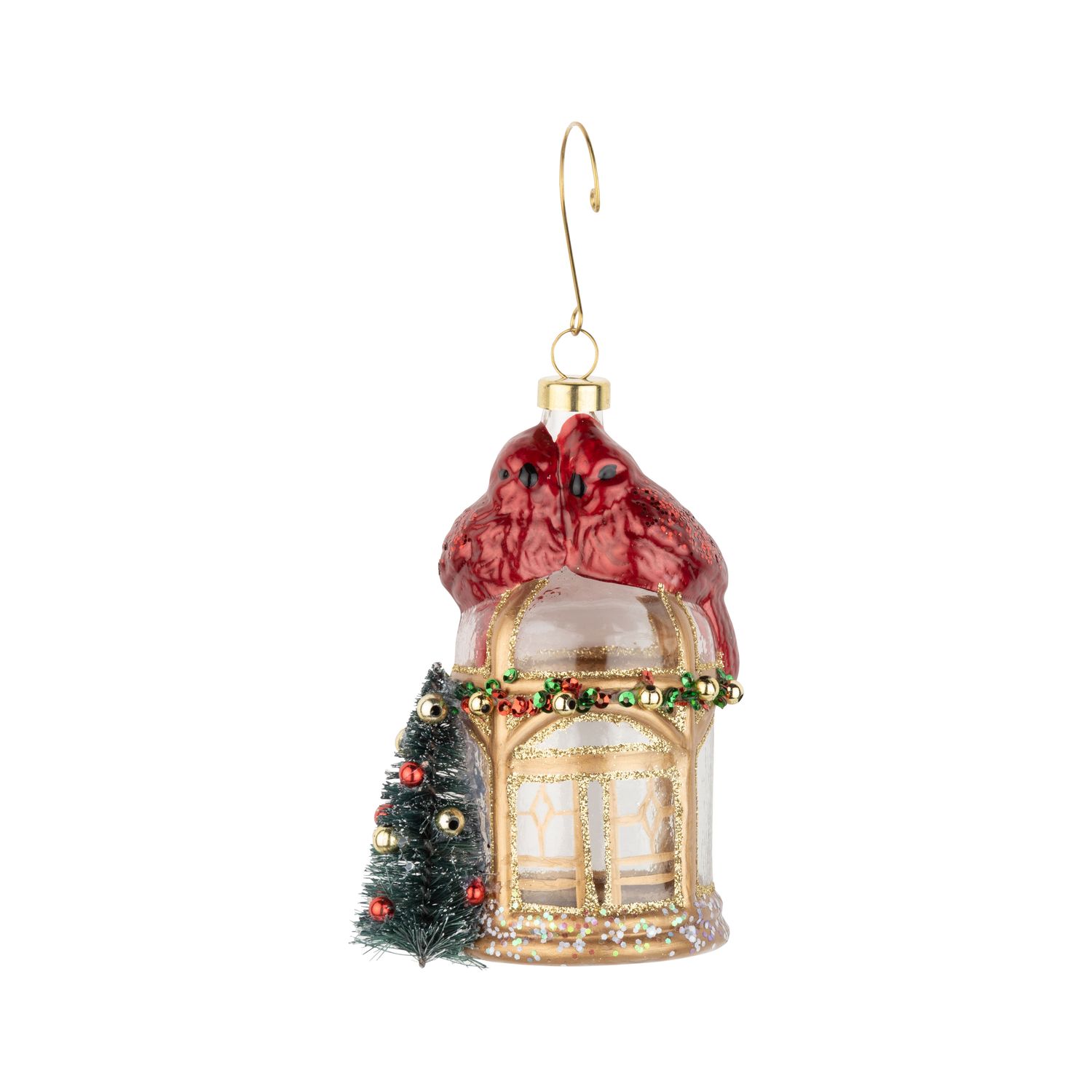 Blown glass garden shed ornament with cardinal couple, clear and gold with trees, 5 in  6      