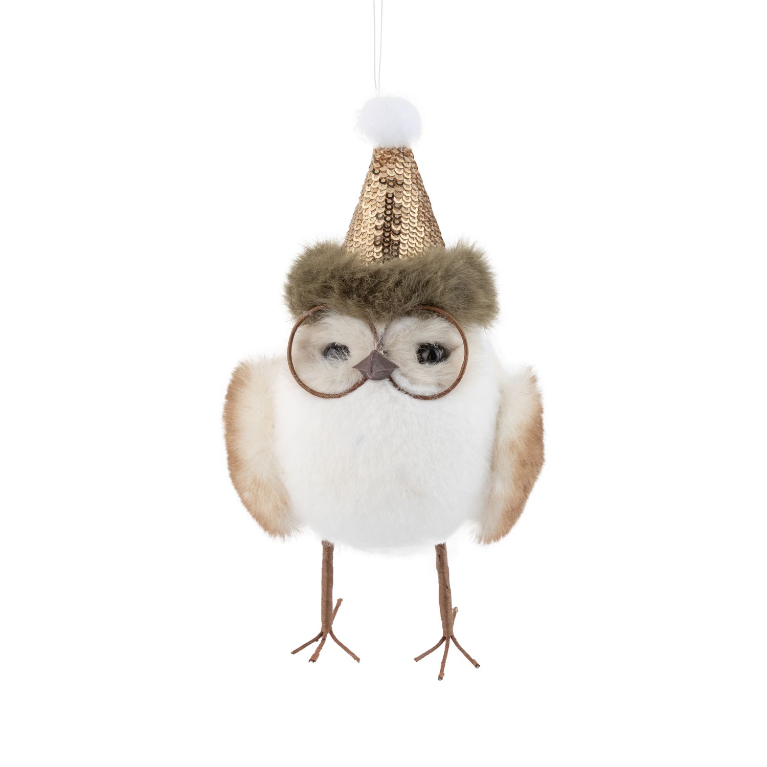 Grass covered standing owl table piece with glasses, bronze sequin hat with green trim, 7 in  4      