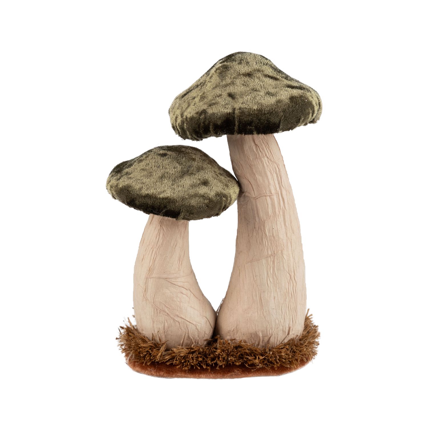 Velvet covered mushroom table piece, dark green with paper covered stems and moss base, 6 in  6