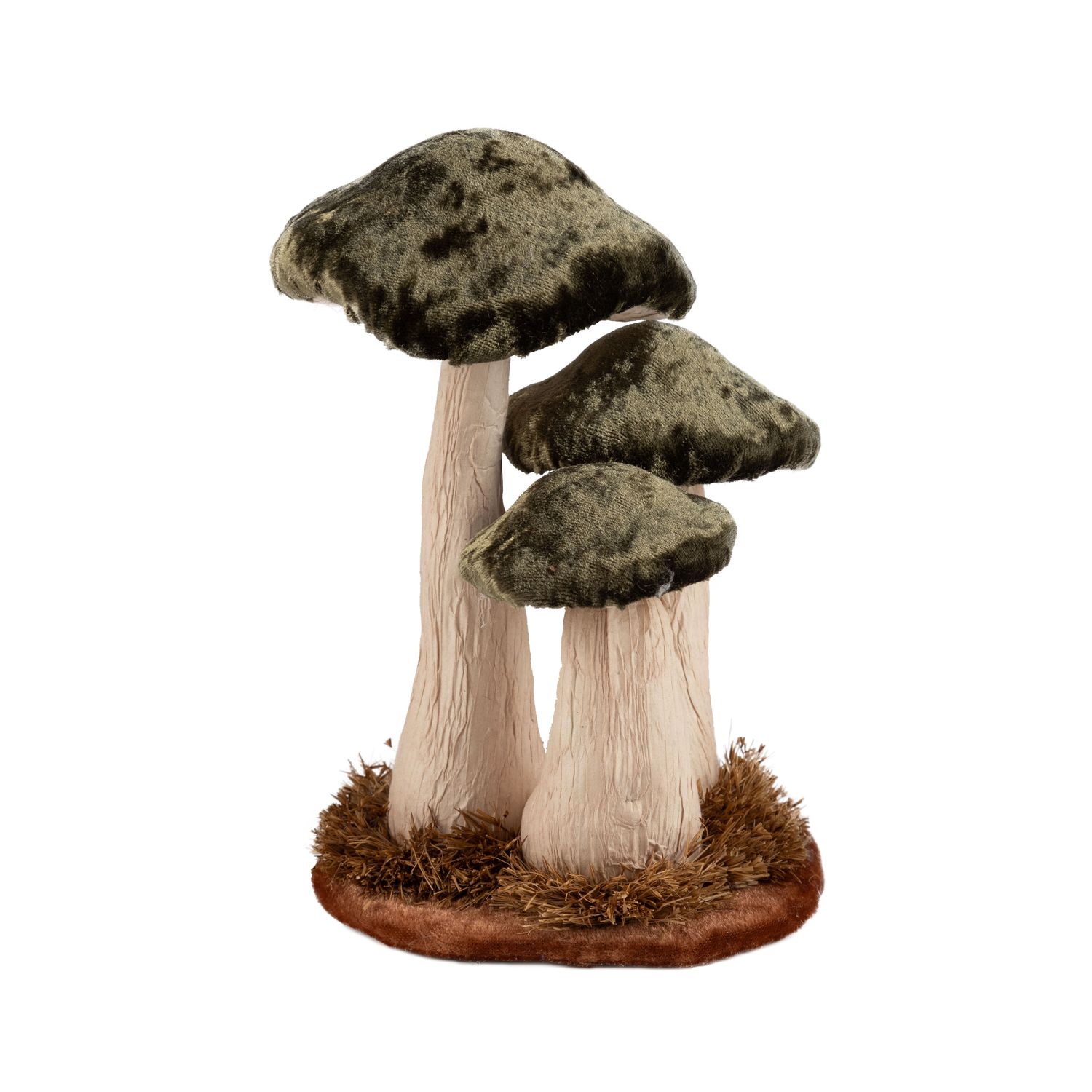 Velvet covered mushroom trio table piece, dark green with paper covered stems and moss base, 7.5 in  4      