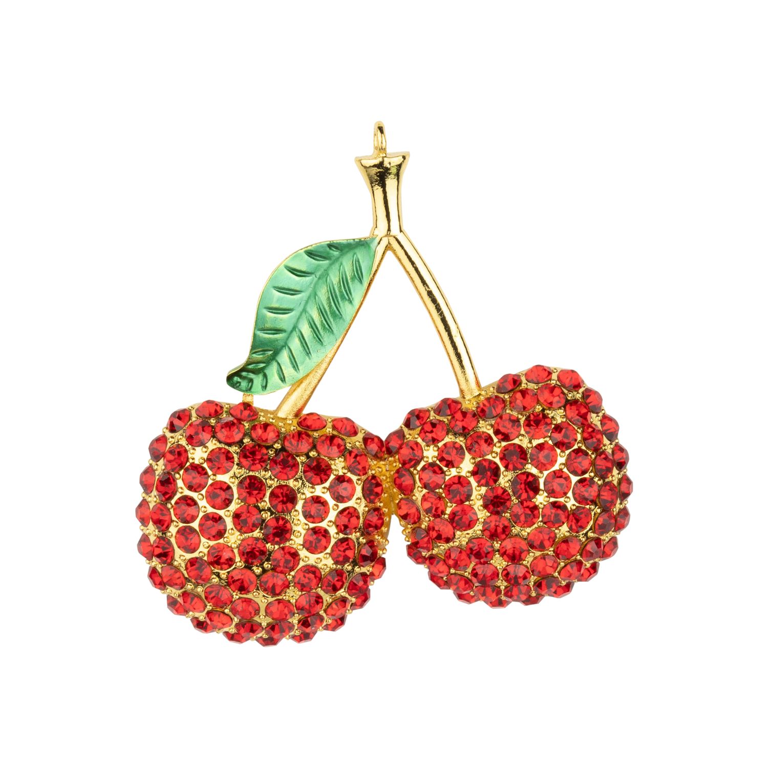 Red diamante cherry in gold cast metal frame ornament, green enamel leaf, 2.75 in  6      
