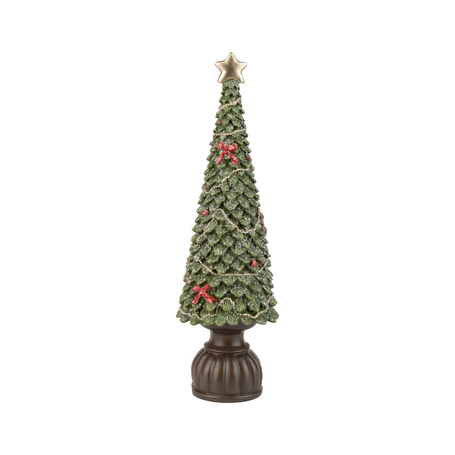 Painted resin Christmas tree table piece, on stand, with red bow and gold star, 14 in  2      