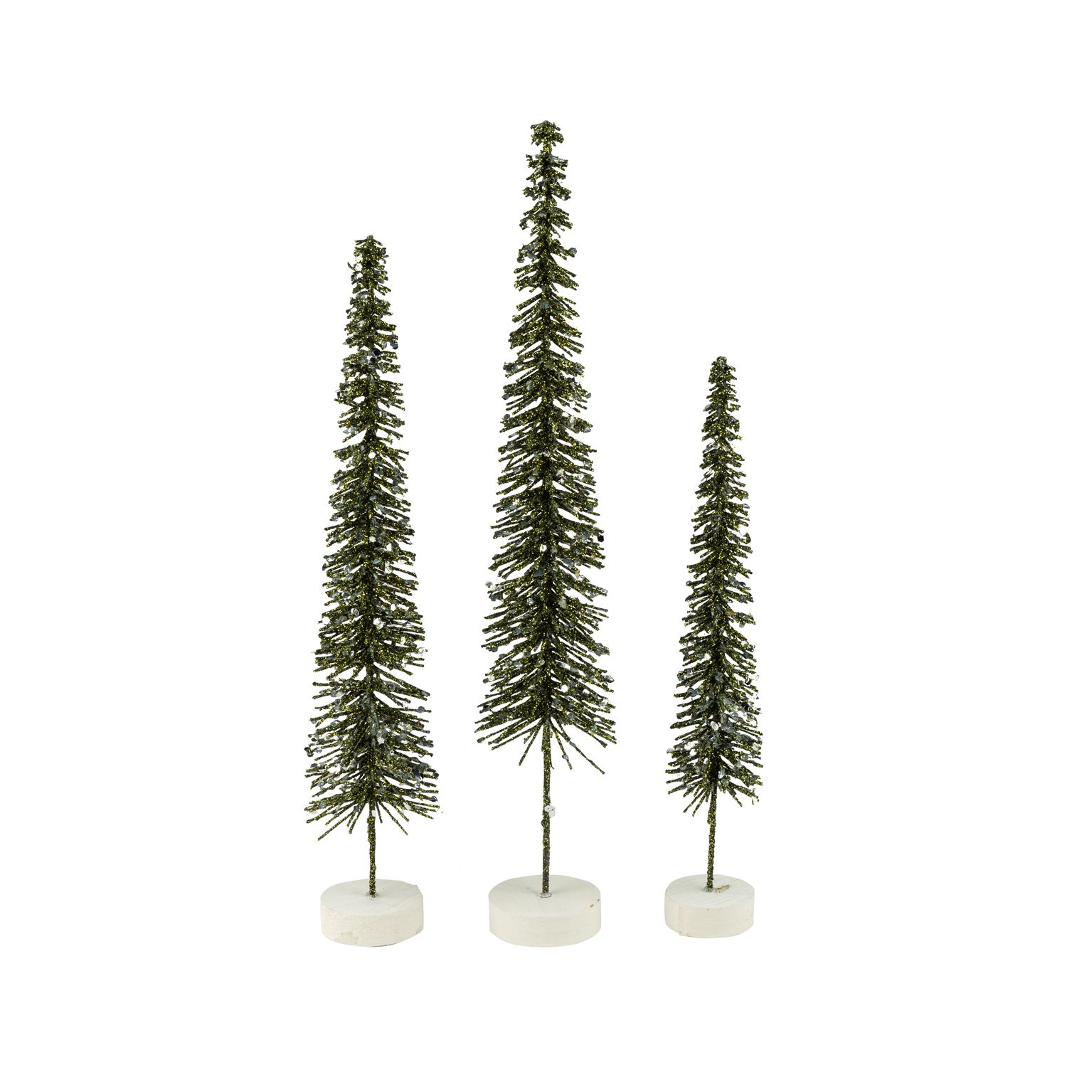 Set of 3 dark green glittered slim twig  bristle trees, multi layered glitter, 14+12+10 in  4      