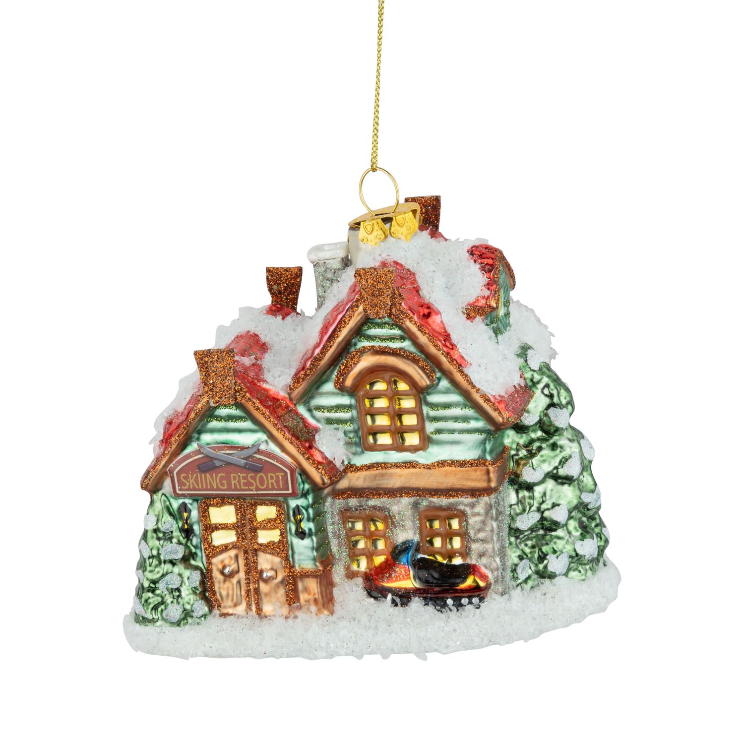 Glass ski lodge ornament, 5 in  6      