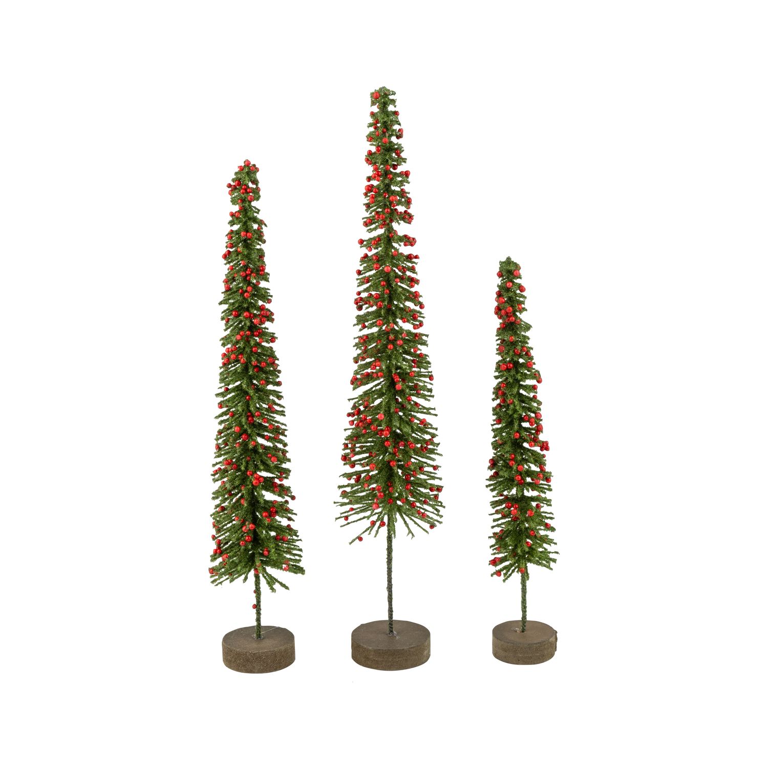Set of 3 slim bristle trees green with red mini berries, wood base, 14+12+10 in  4      