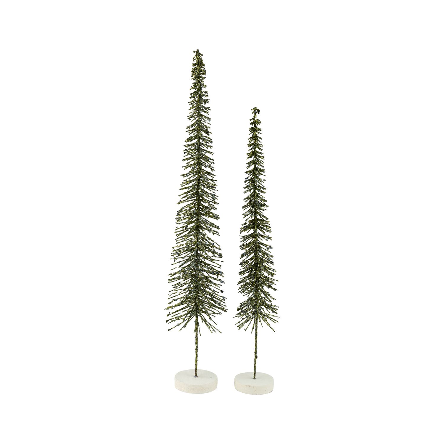 Set of 2 dark green glittered slim twig bristle trees, multi layered glitter, 20+16.5 in  4      