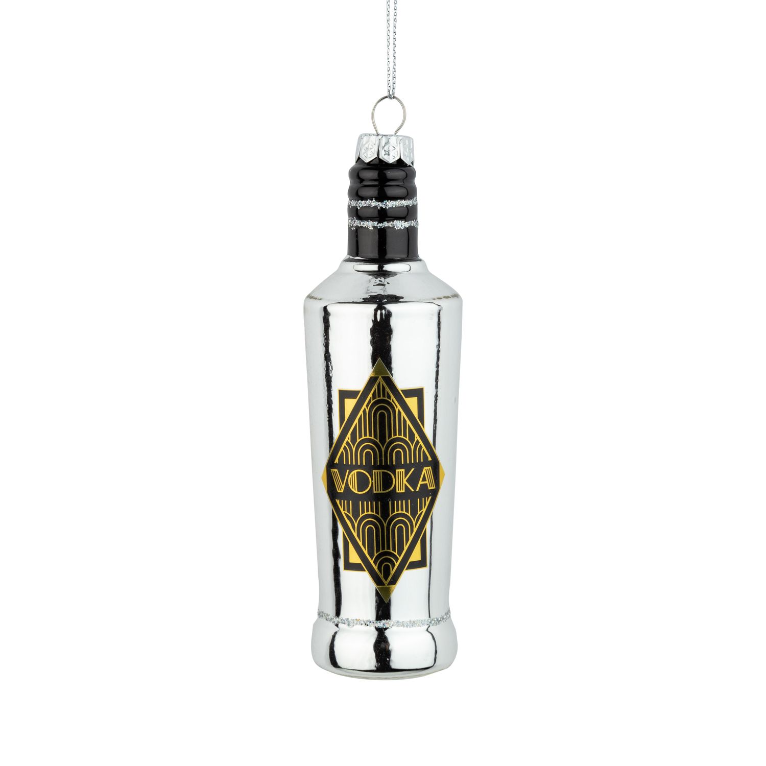 Blown glass vodka bottle with art deco graphics, silver black and gold, 5.5 in  6      