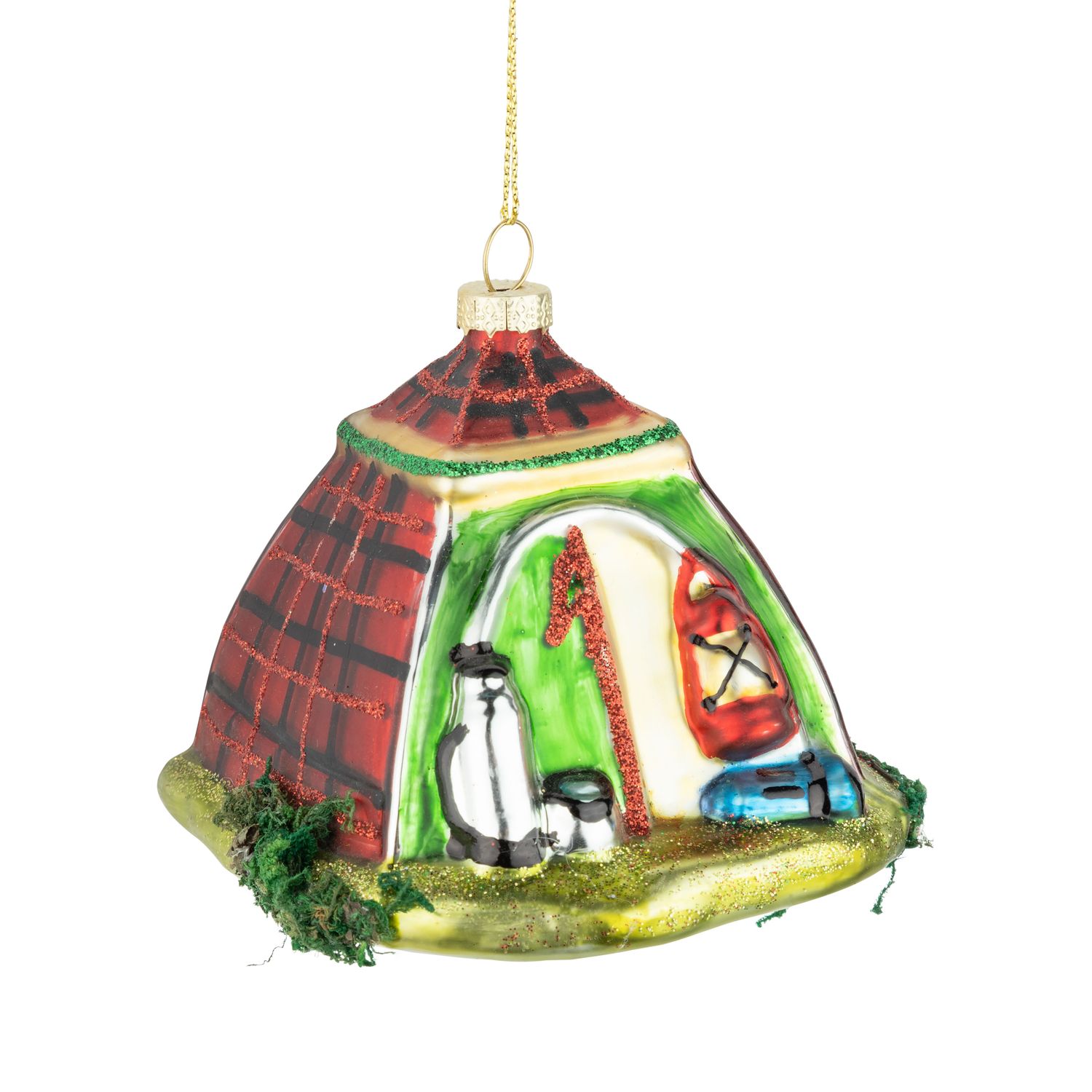 Glass tent with plaid roof and lantern ornament, 3.5 in  6      