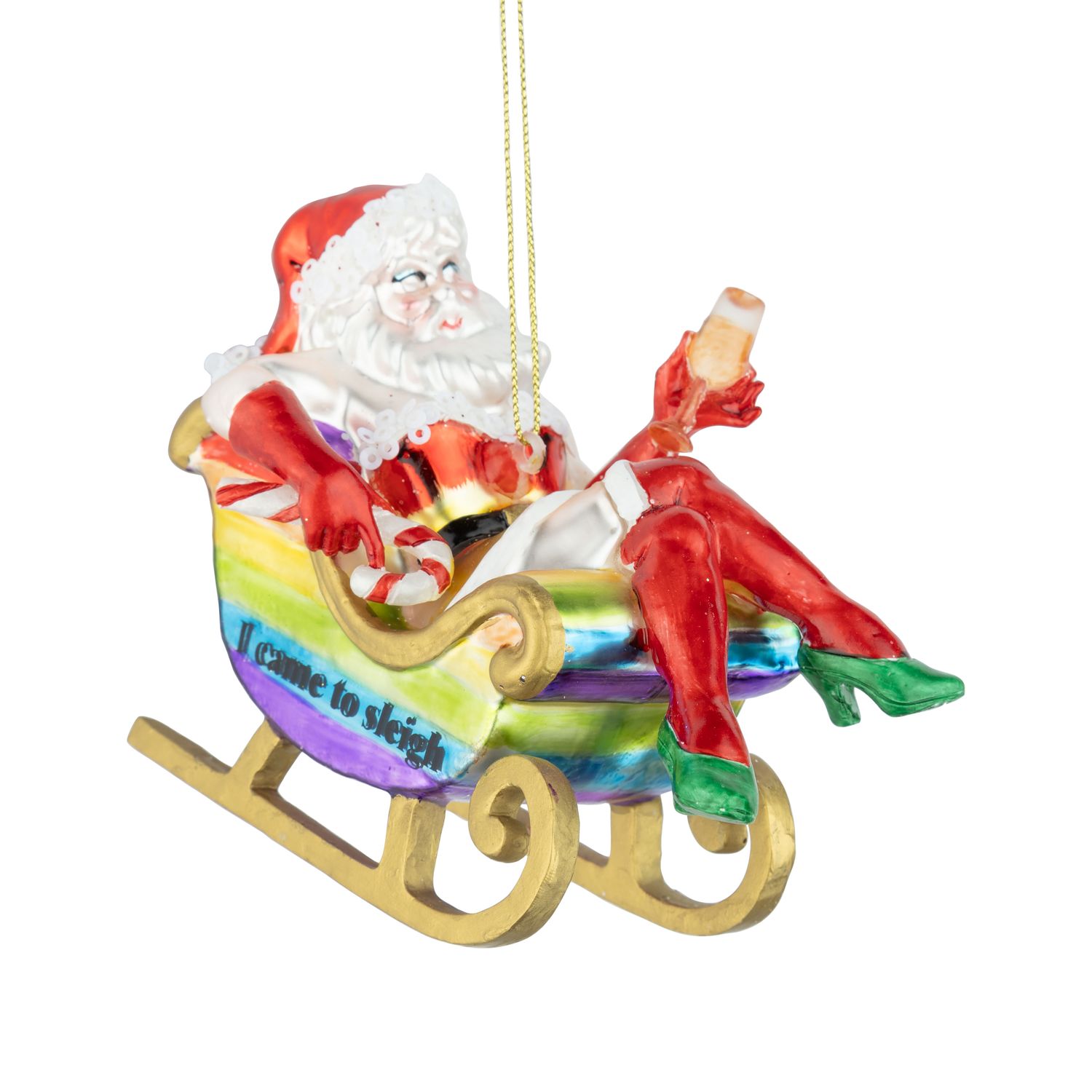 Blown glass drag Santa in rainbow sleigh ornament, 4.5 in  6      
