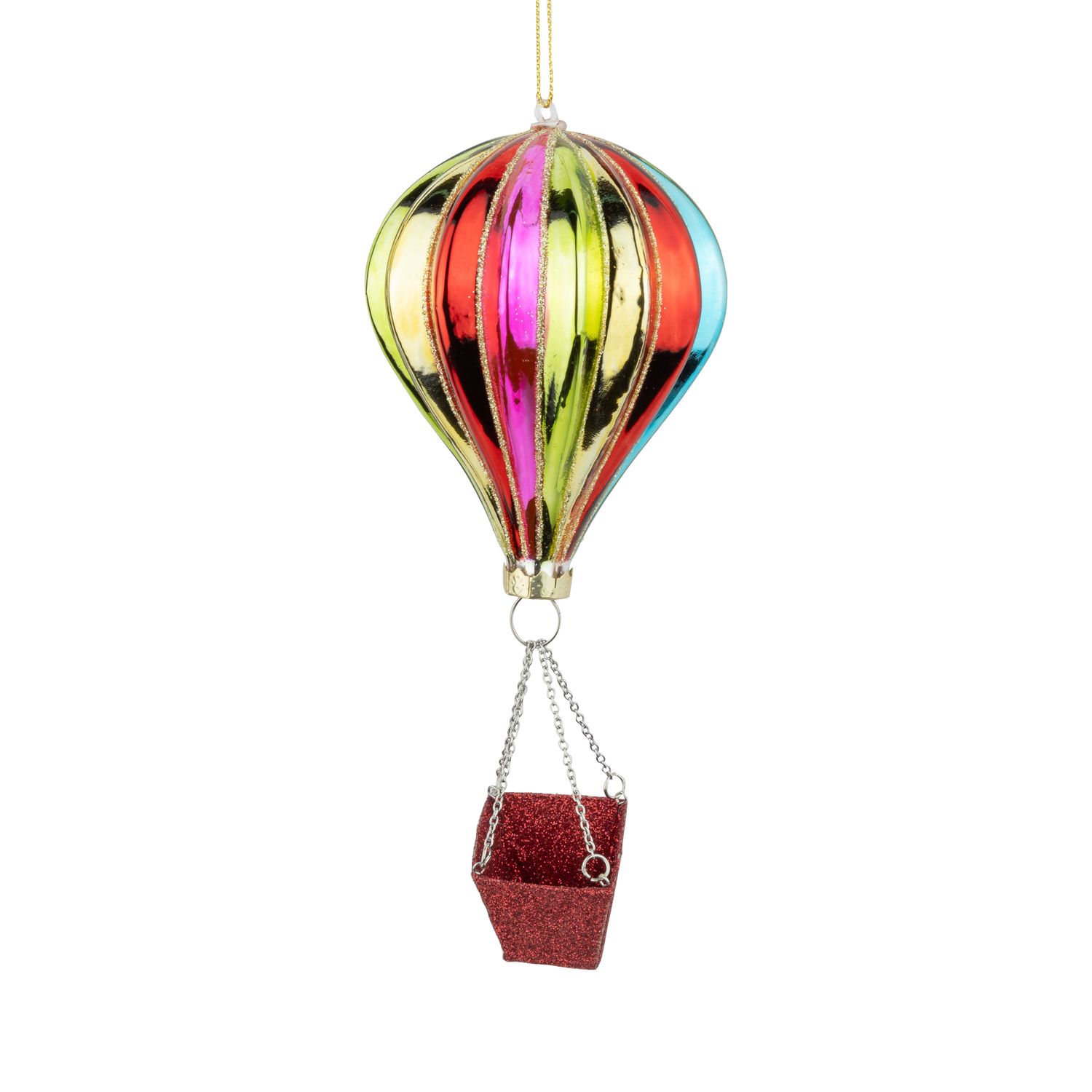 Blown fluted glass rainbow air balloon ornament with red glitter basket, 7 in  6      