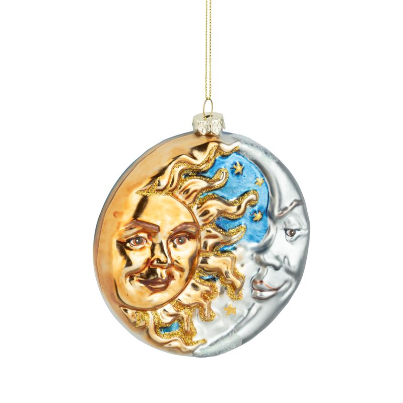 Molded glass disk sun and crescent moon on blue sky ornament, 4.25 in  6      
