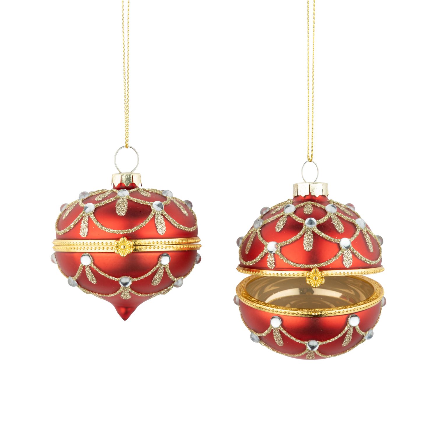 2 Asst&#39;d blown glass hinged keepsake ornaments, matte red and pale gold glitter, clear stones, 2.5 in  12      