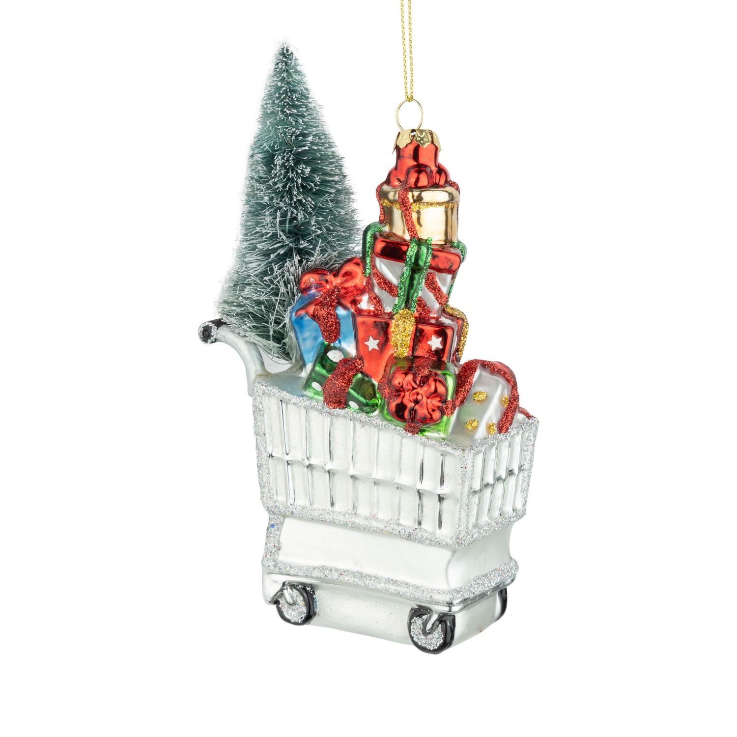 Blown glass shopping cart ornament, gift stack and tree, 6 in  6      