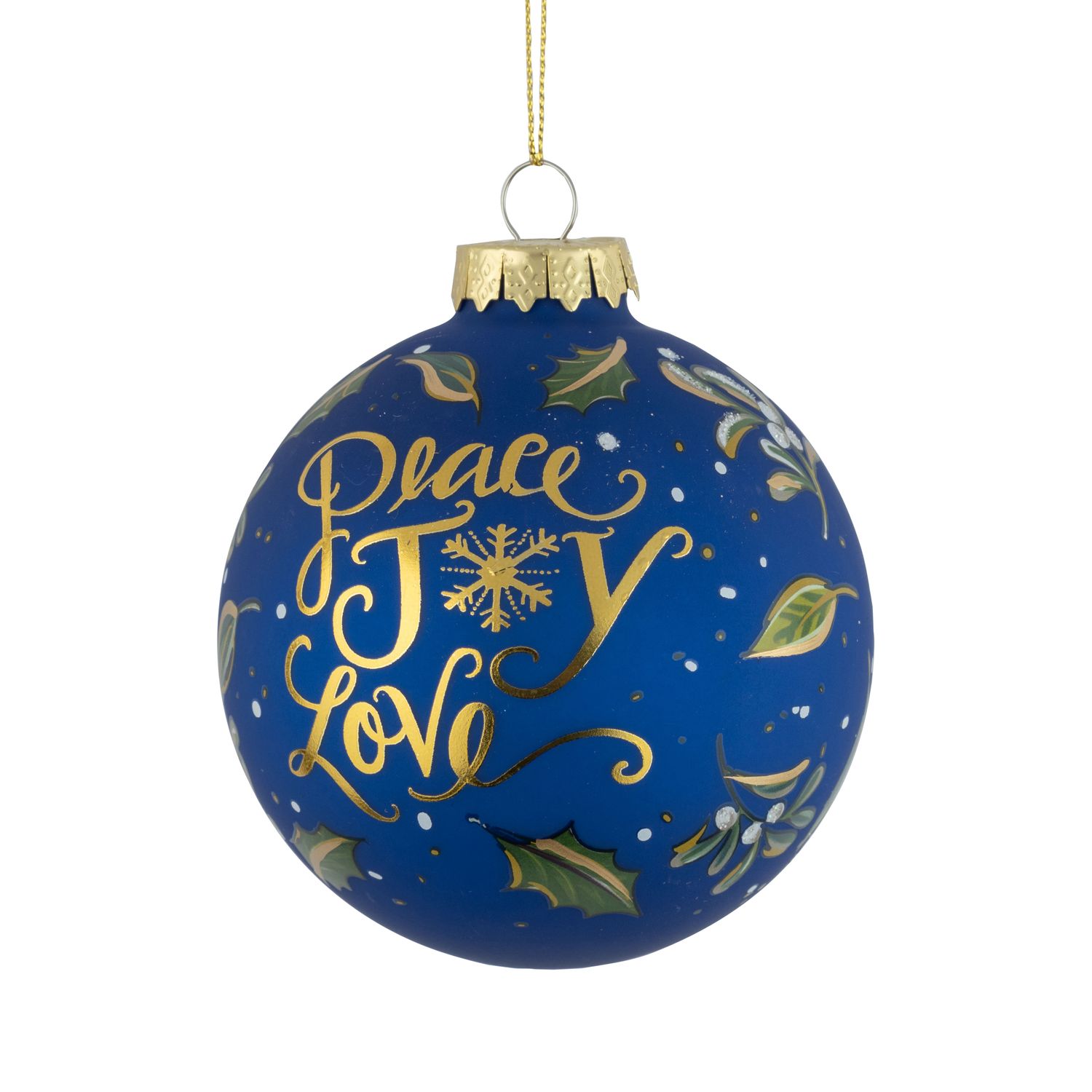 Glass ball ornament, dove of peace, gold peace joy, love script and olive branches on dark sky blue, 100 mm/4 in  6      