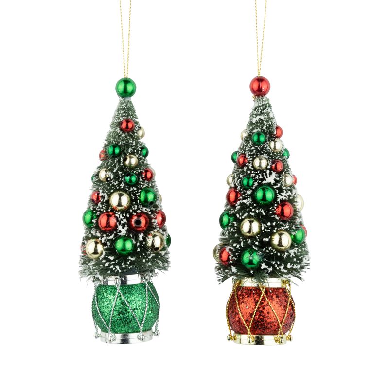 2 Asst&#39;d bristle tree in drum ornaments with bead decorations, 6 in  12      