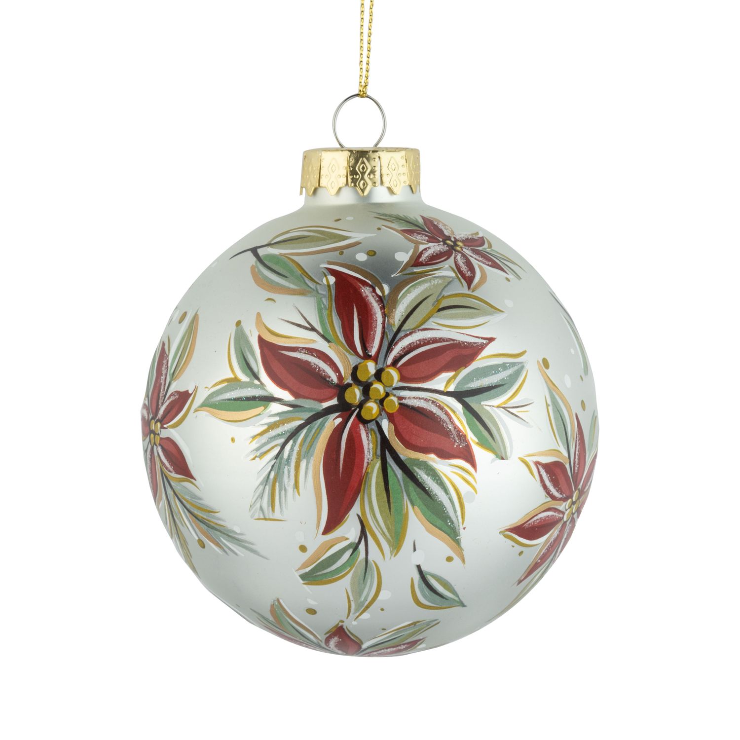 Glass ball ornament, matte white with gold Merry Christmas script and poinsettia pattern, 100 mm/4 in  6      