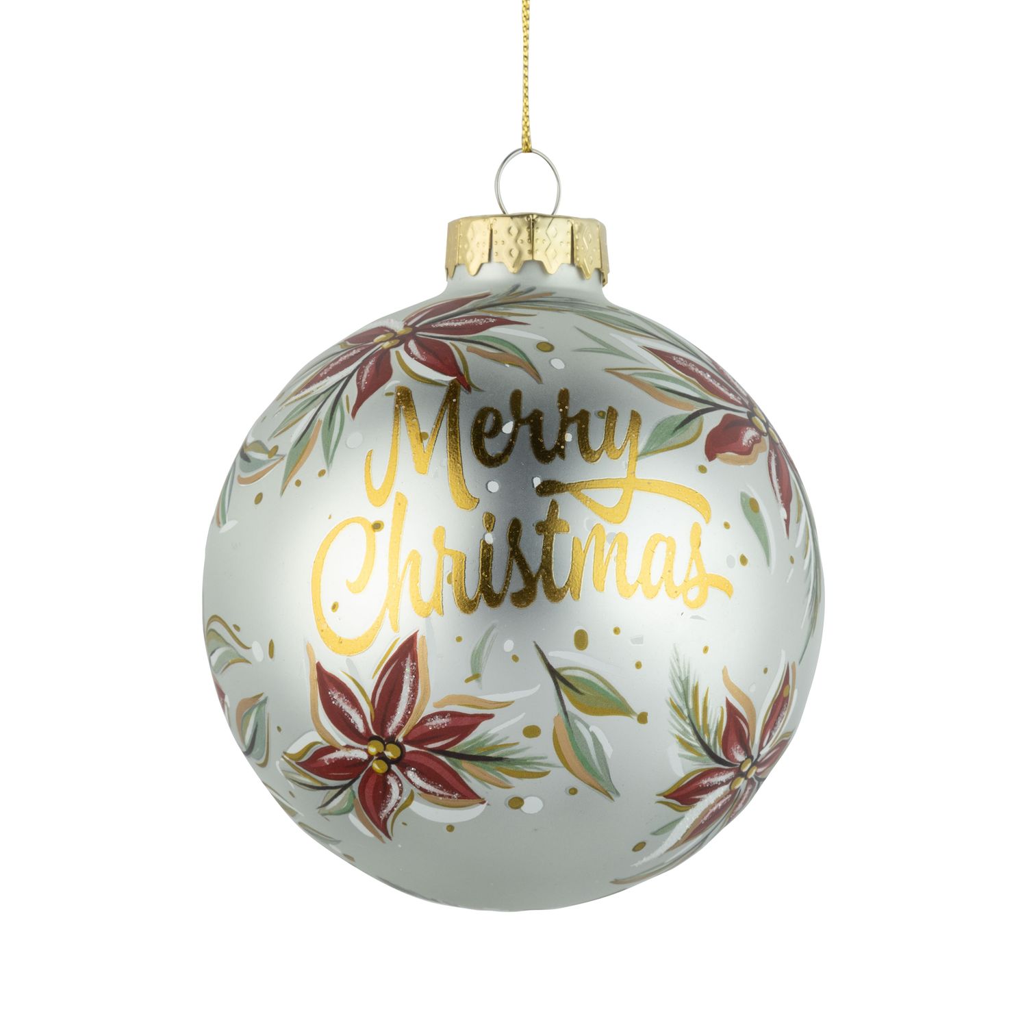 Glass ball ornament, matte white with gold Merry Christmas script and poinsettia pattern, 100 mm/4 in  6      