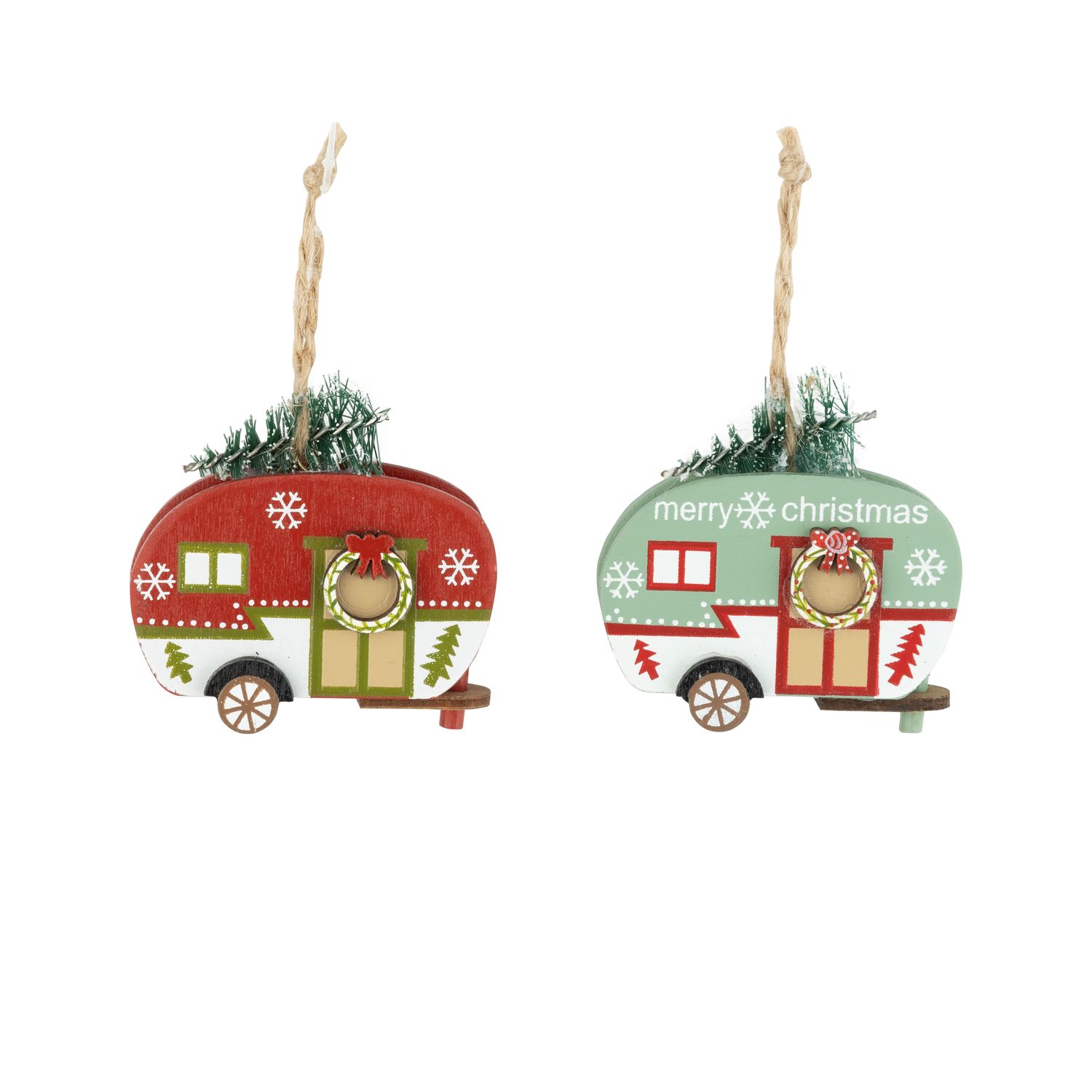 2 Asst&#39;d painted wood camper ornaments, red and green with tree, 2.5 in  12      