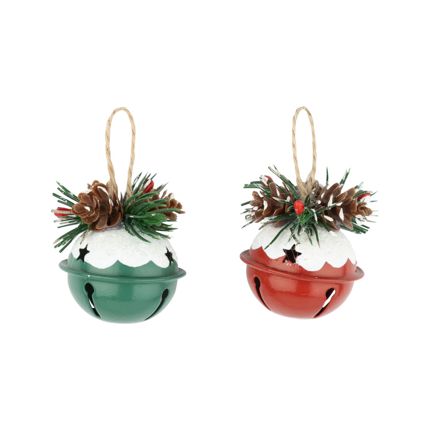 2 Asst&#39;d metal decorated jingle bell ornaments with white tops, 1.75 in  24      