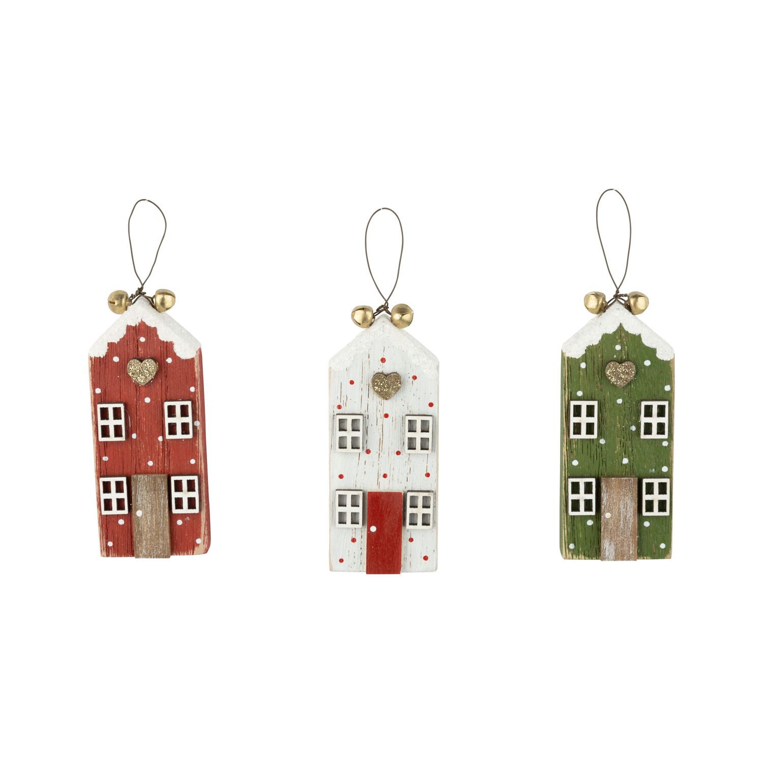 3 Asst&#39;d painted wood scandi house ornaments, red, green and white, 4.5 in  24      