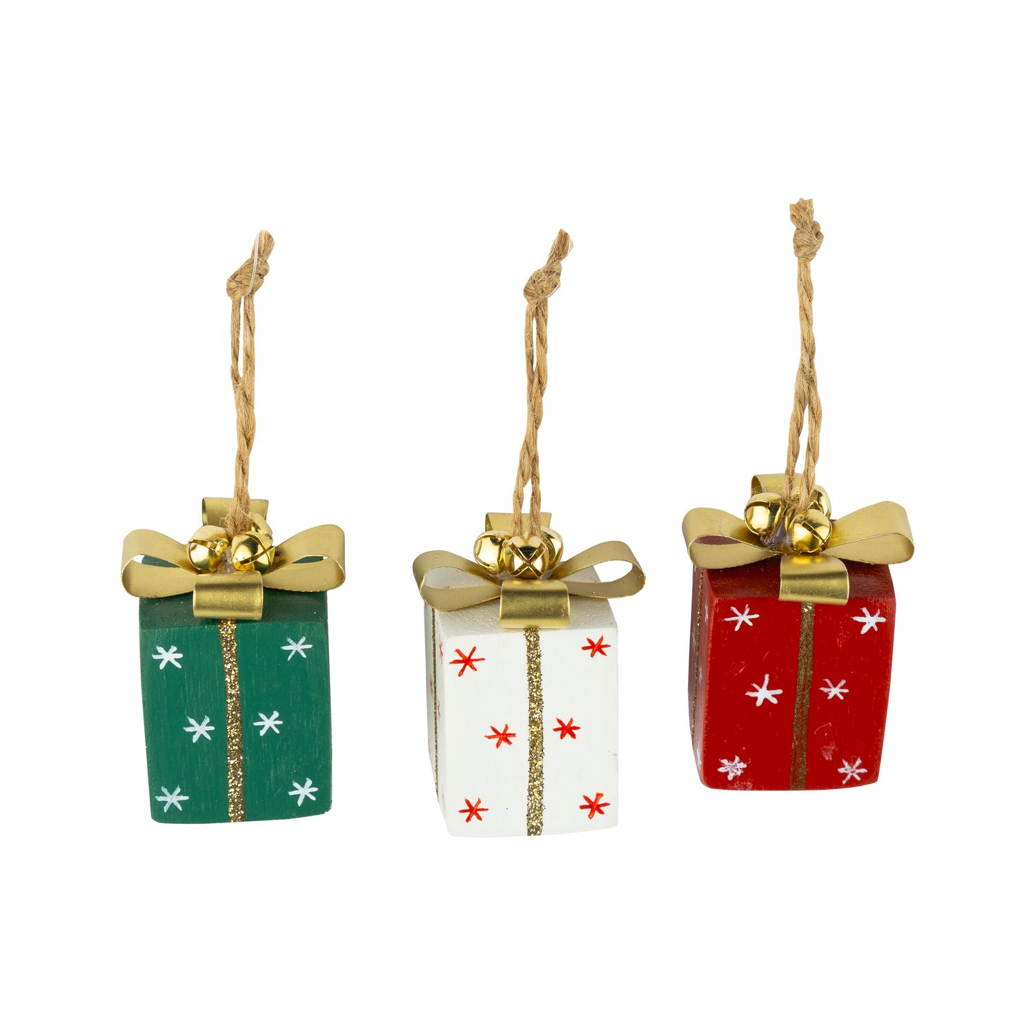 3 asst&#39;d painted wood gift box ornaments, red, green, and white with gold metal bows, 2 in  24      