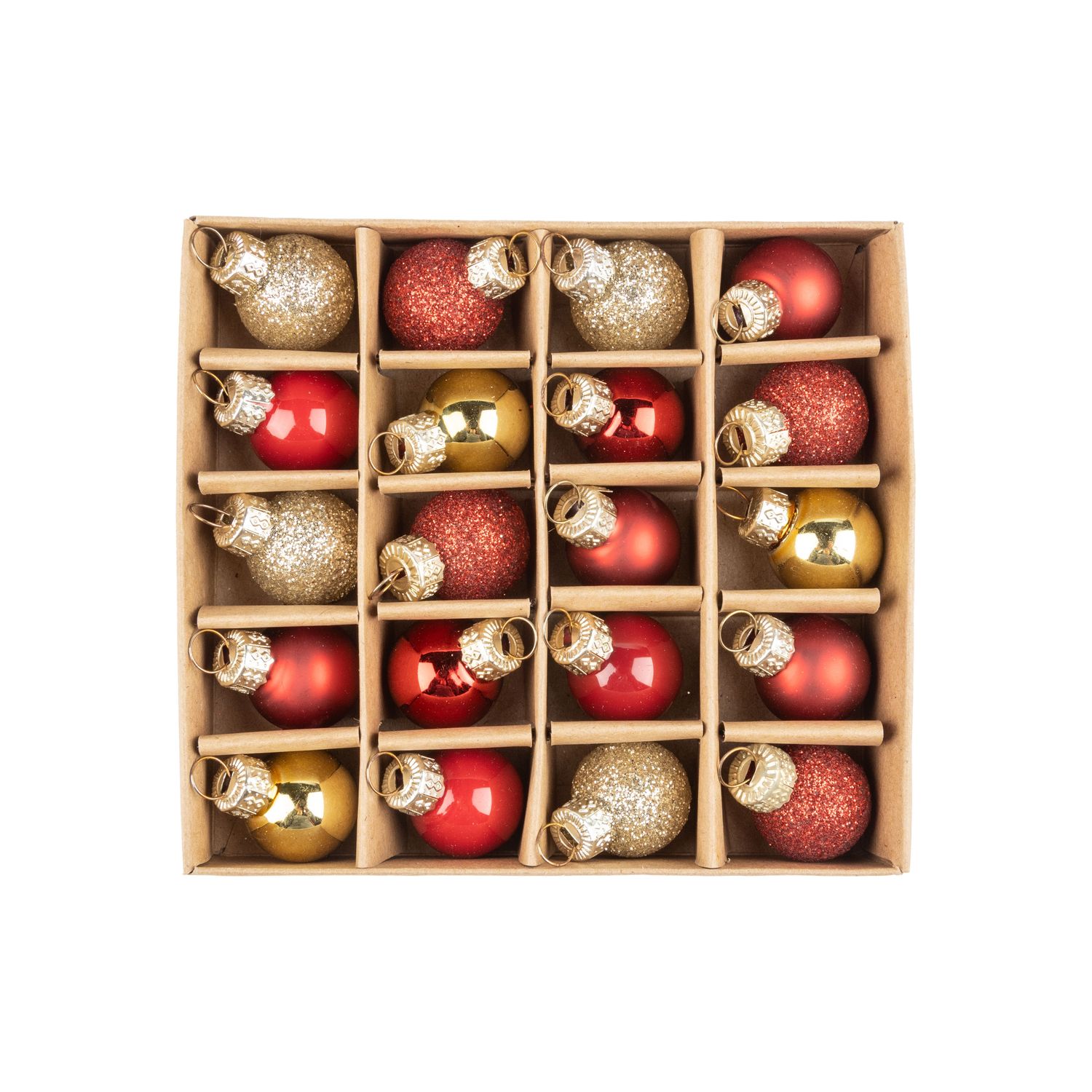 Set of 20 mini glass ornaments, red &amp; gold shiny, matte, glitter, each ball .5 in  12      