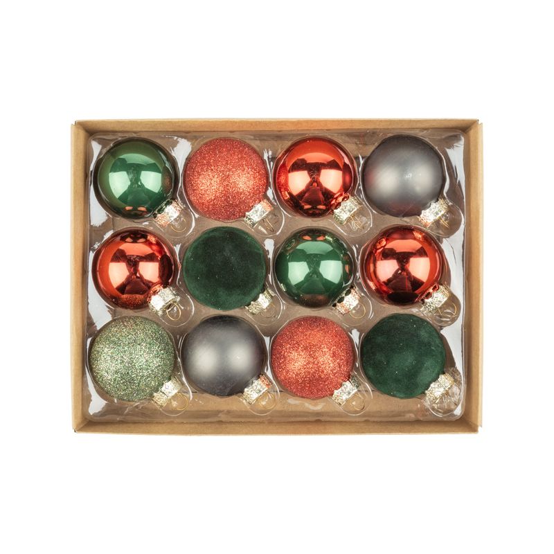 Set of 12 glass ball ornaments, shiny, matte, glitter and flock red &amp; green in paper box with plastic insert, each ball 45 mm/1.5 in  6      