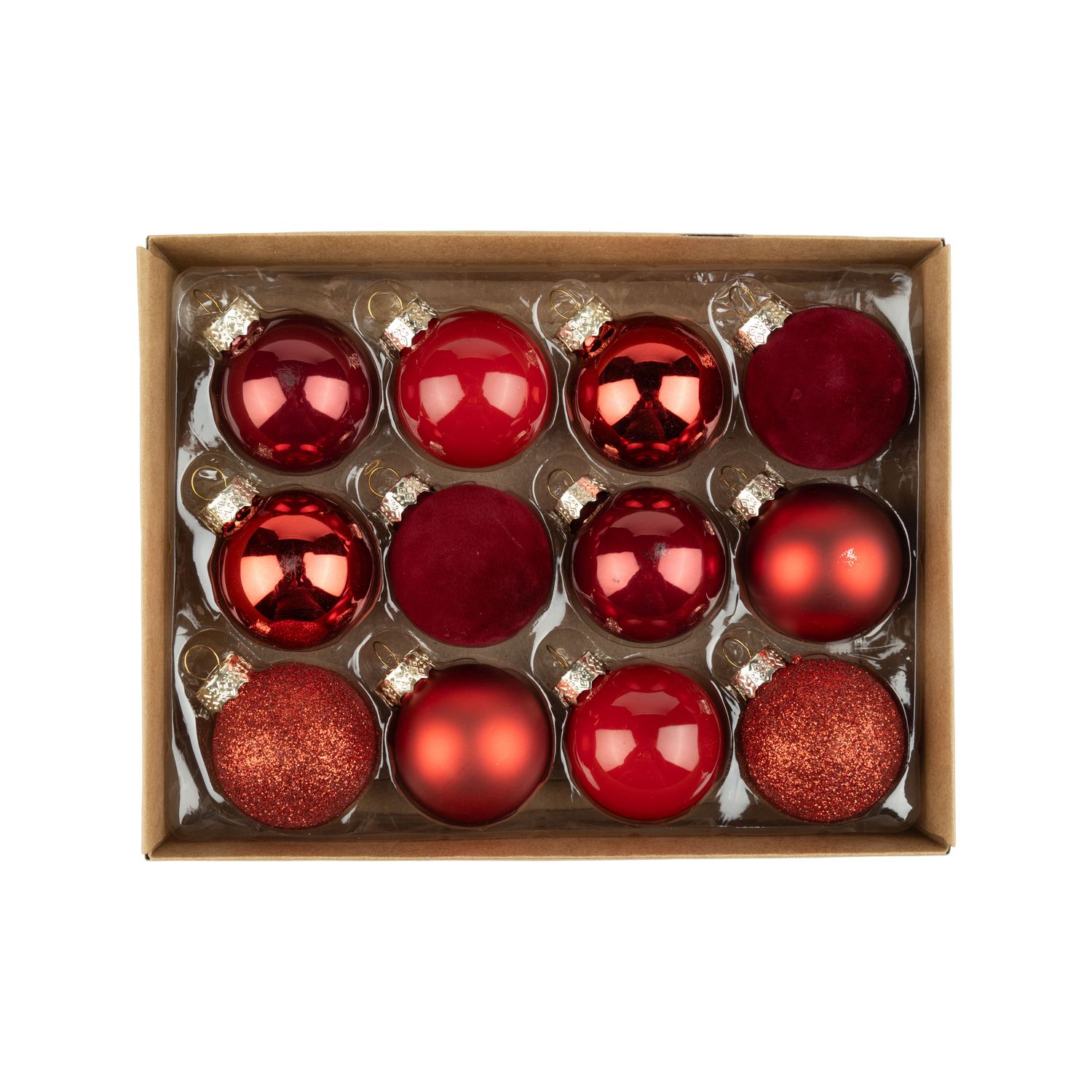 Set of 12 glass ball ornaments, shiny, matte, glitter and flock red in paper box with plastic insert, each ball 45 mm/1.5 in  6      