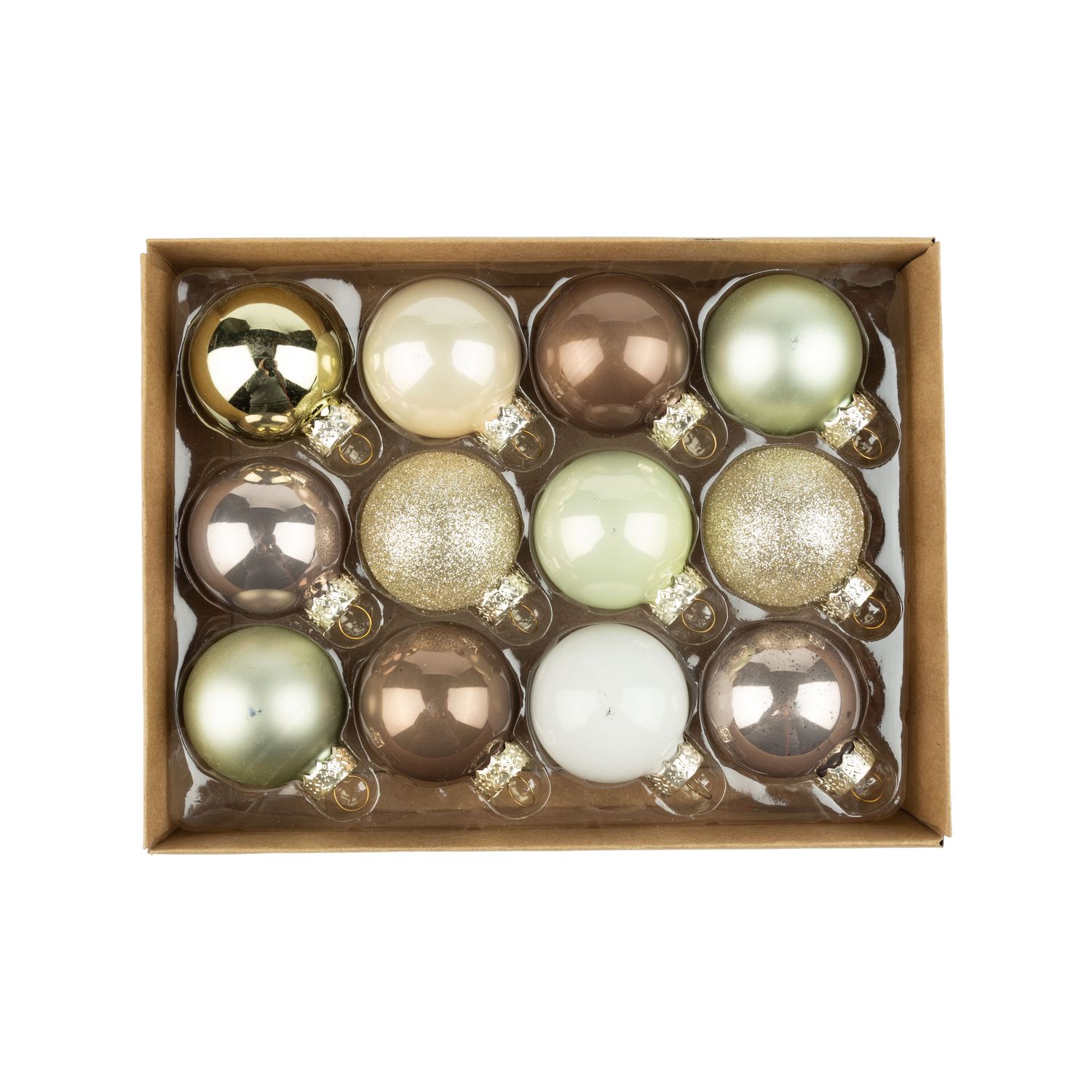 Set of 12 glass ball ornaments, shiny, matte, glitter pale gold and green tones, each ball 45 mm/1.5 in  6      