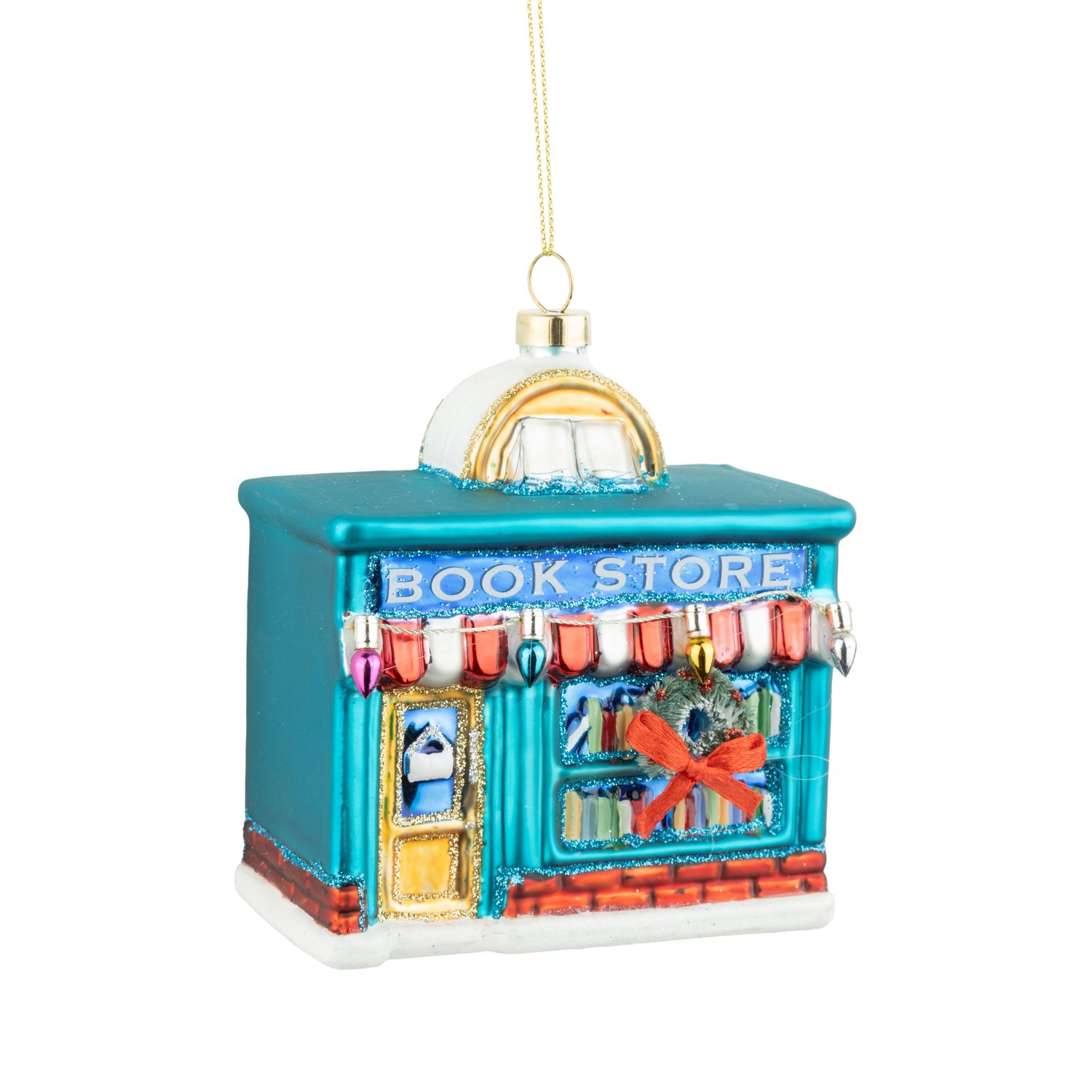 Glass bookstore ornament, blue store front with red and white striped awning, 4.25 in  6      