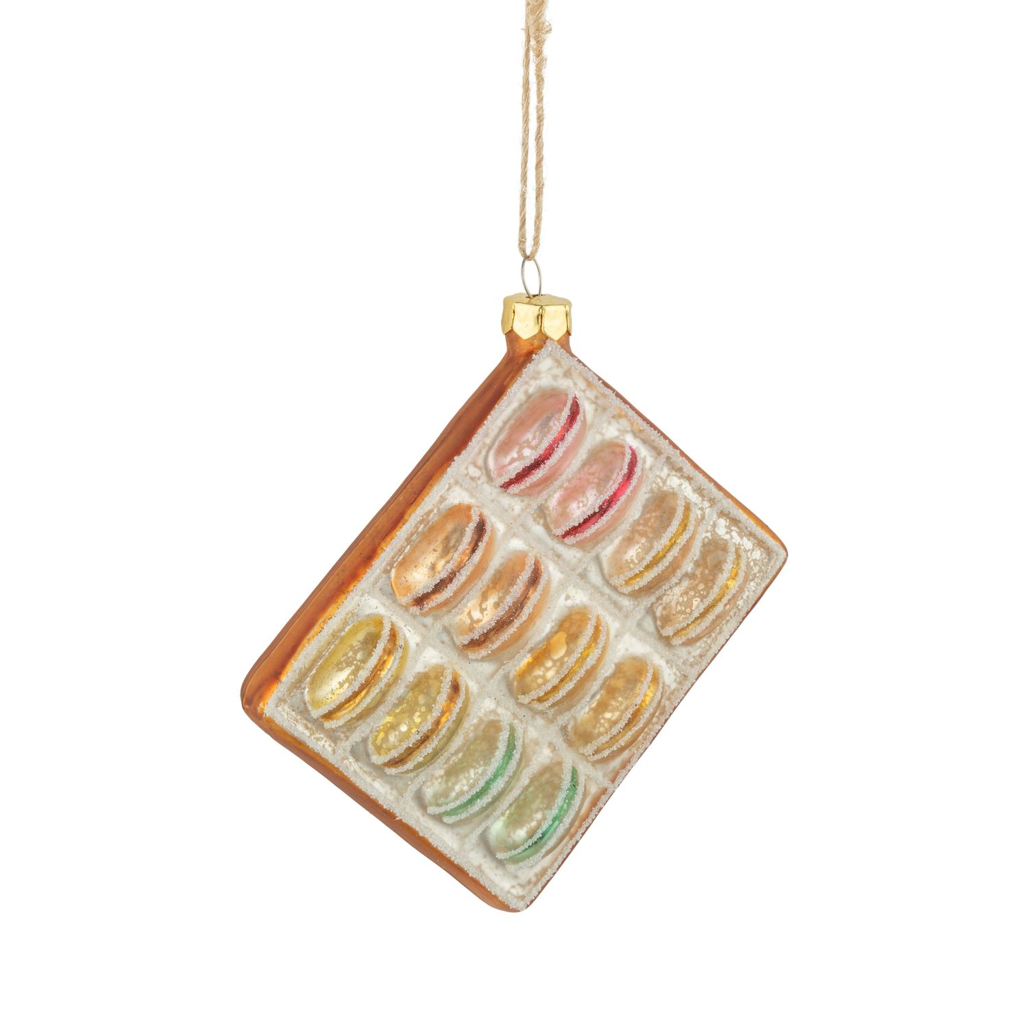 Glass box of macaroons ornament, colorful/gold finish, 3.5 in  8      