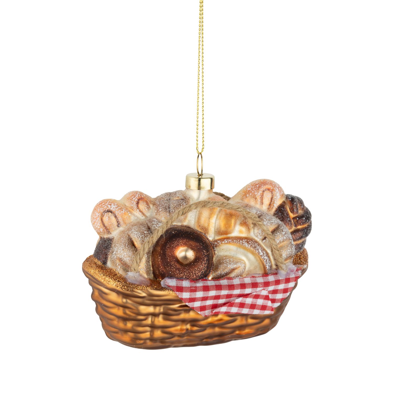 Glass bread basket ornament, with gingham cloth, 3.25 in  6      