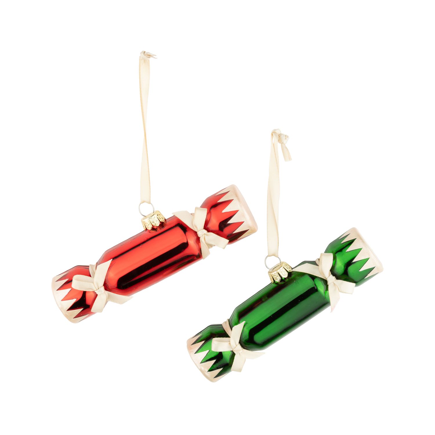 2 Asst&#39;d glass Christmas cracker ornament, red and green, 5 in  12      