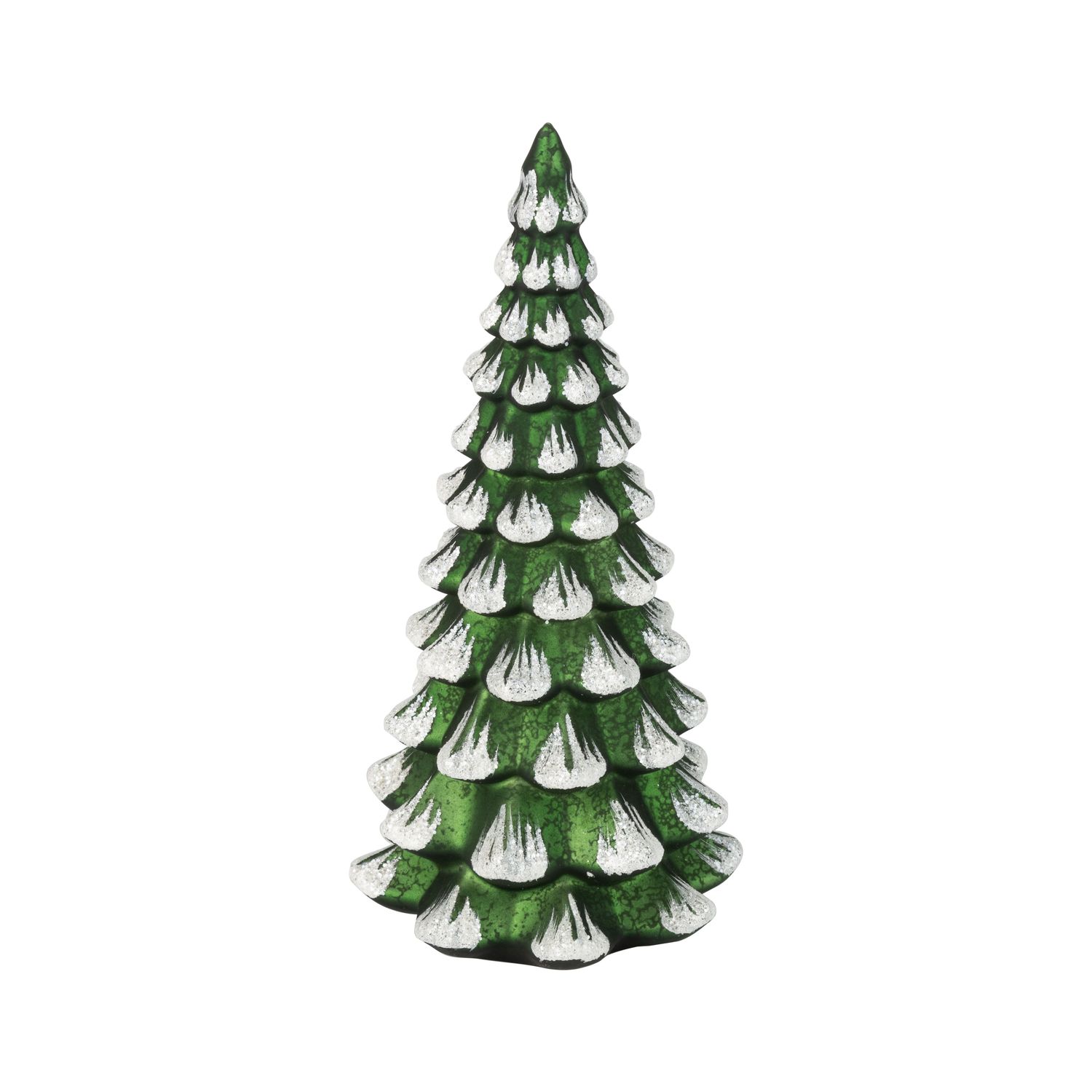 Dark green glass Christmas tree table piece with frosted tips, 10 in  4      