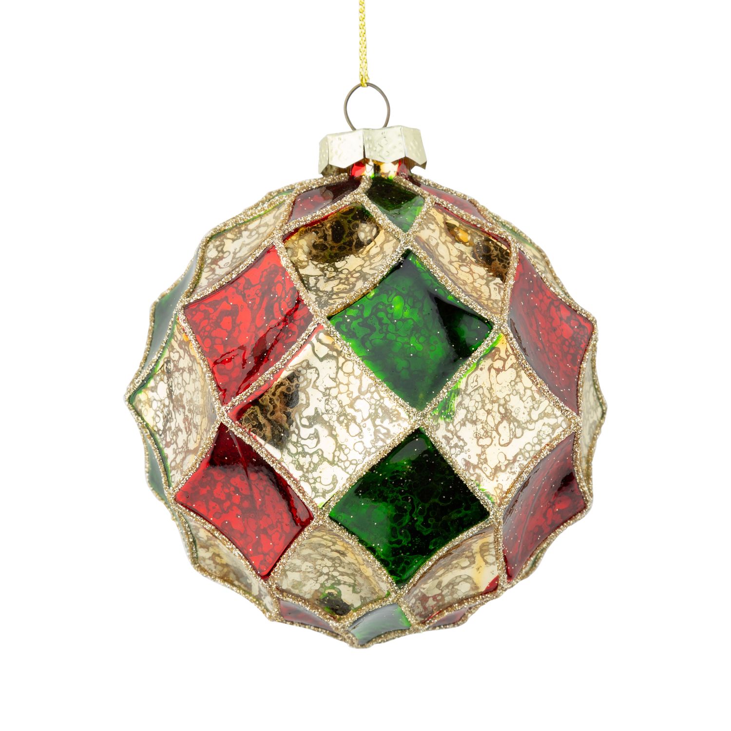 Glass harlequin ball ornament, antique gold with green and red diamonds, 100mm/4 in  6      