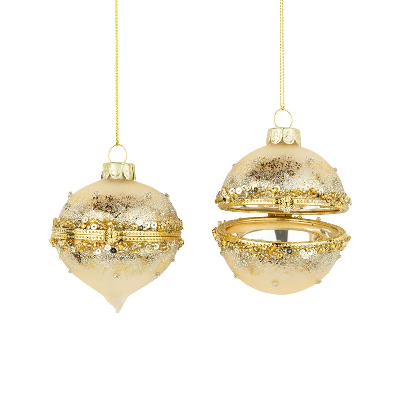2 Asst&#39;d glass keepsake ornaments, matte gold with gold beaded center bands, 2.4 in  12      