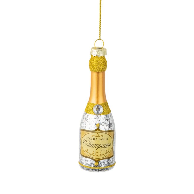 Glass champagne bottle ornament, silver with and gold label, 4.5 in  6      