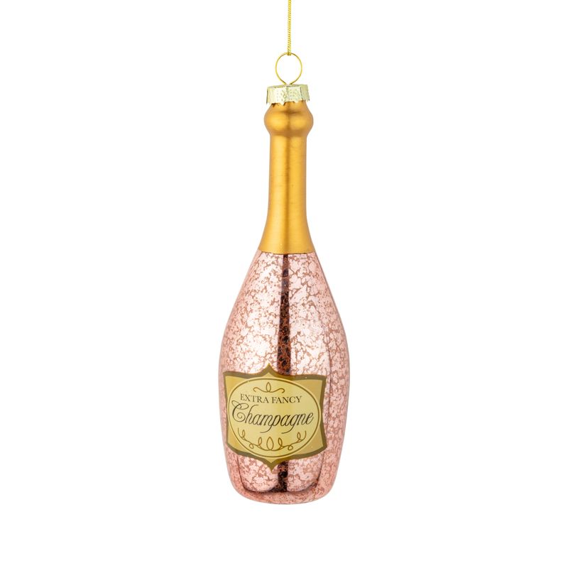 Glass pink champagne bottle ornament, gold label, 5 in  6      