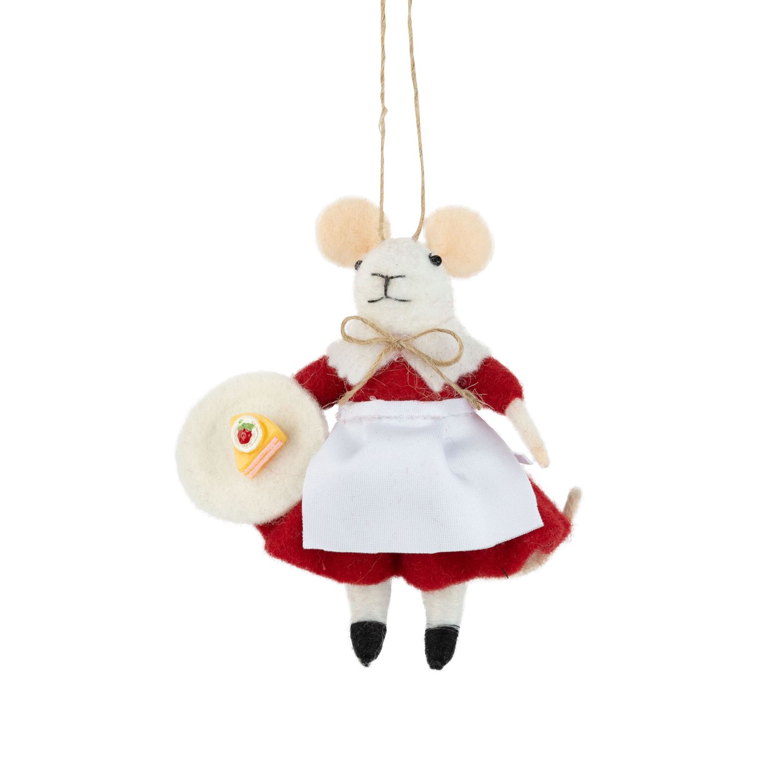 Felt mouse ornament in red dress holding cake on a plate, 4.75 in  6      