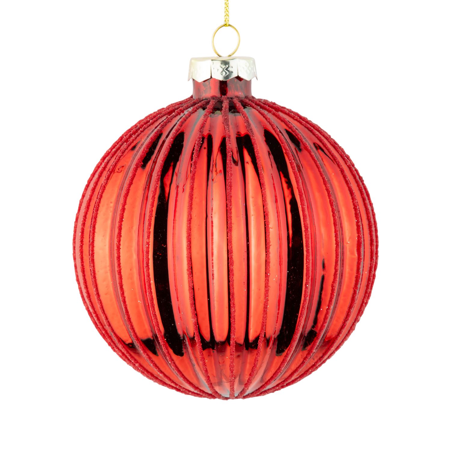 Fluted glass ball ornament, shiny red with red bead bands, 100mm/4 in  12      