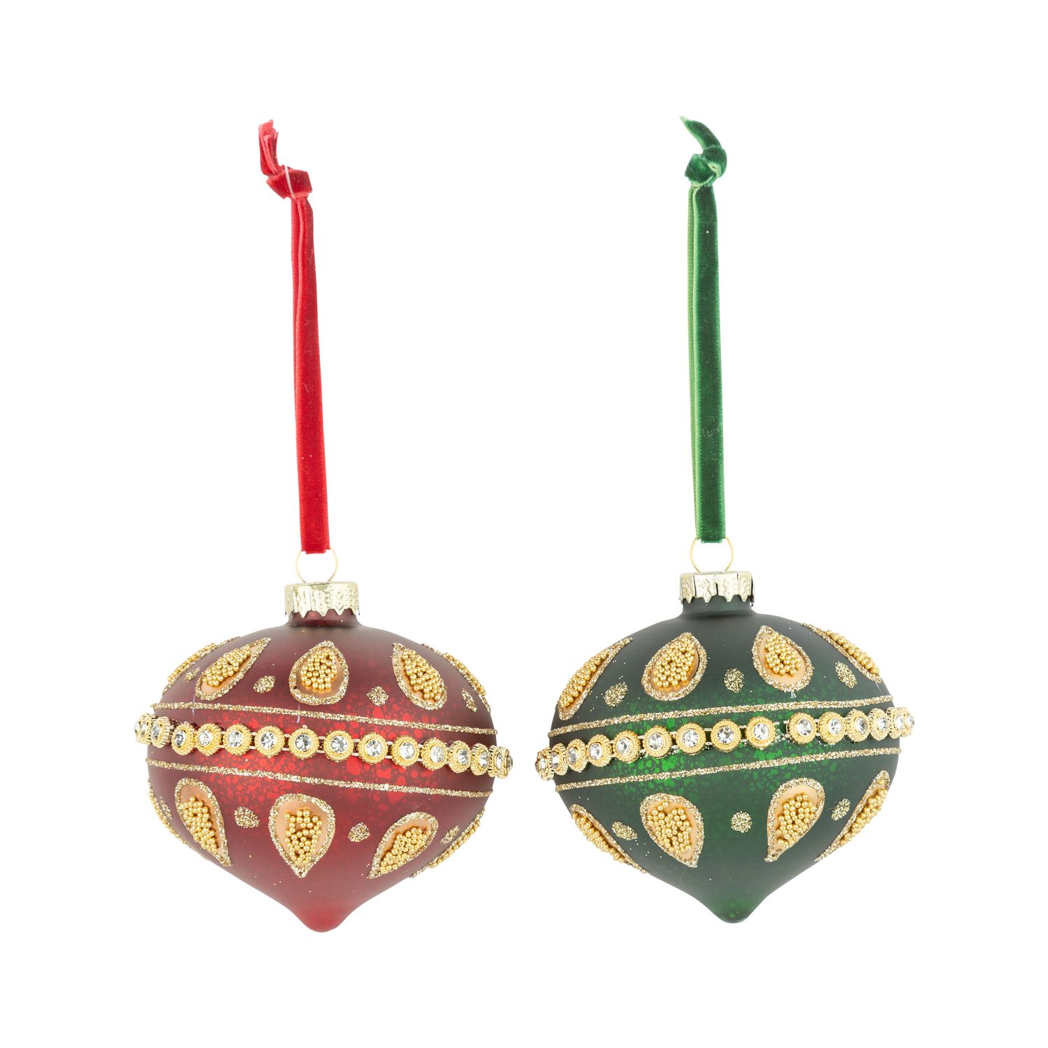 2 Asst&#39;d glass kismet ornament, matte deep red and green with gold beads and diamante center bands, 3 in  12      