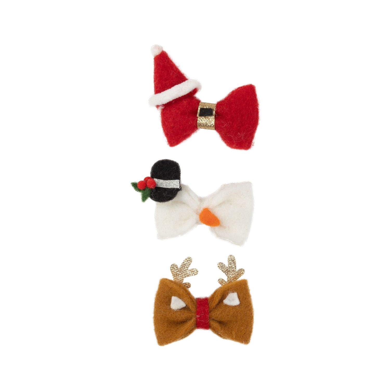 3 Asst&#39;d felt bow clips, Santa belt, reindeer and snowman, 2.75 in  24      