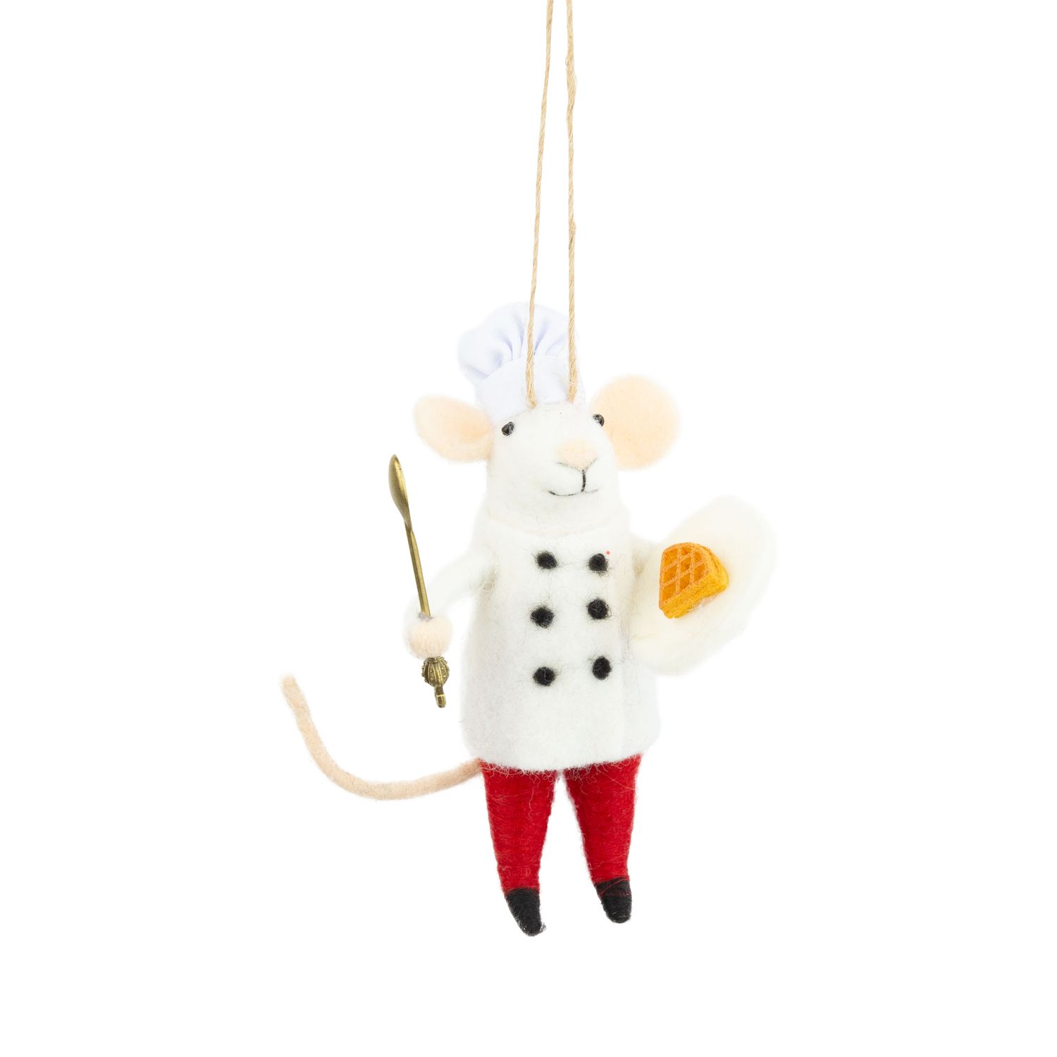 Felt mouse ornament in chef jacket and hat, holding a plate with waffle, 5 in  6      