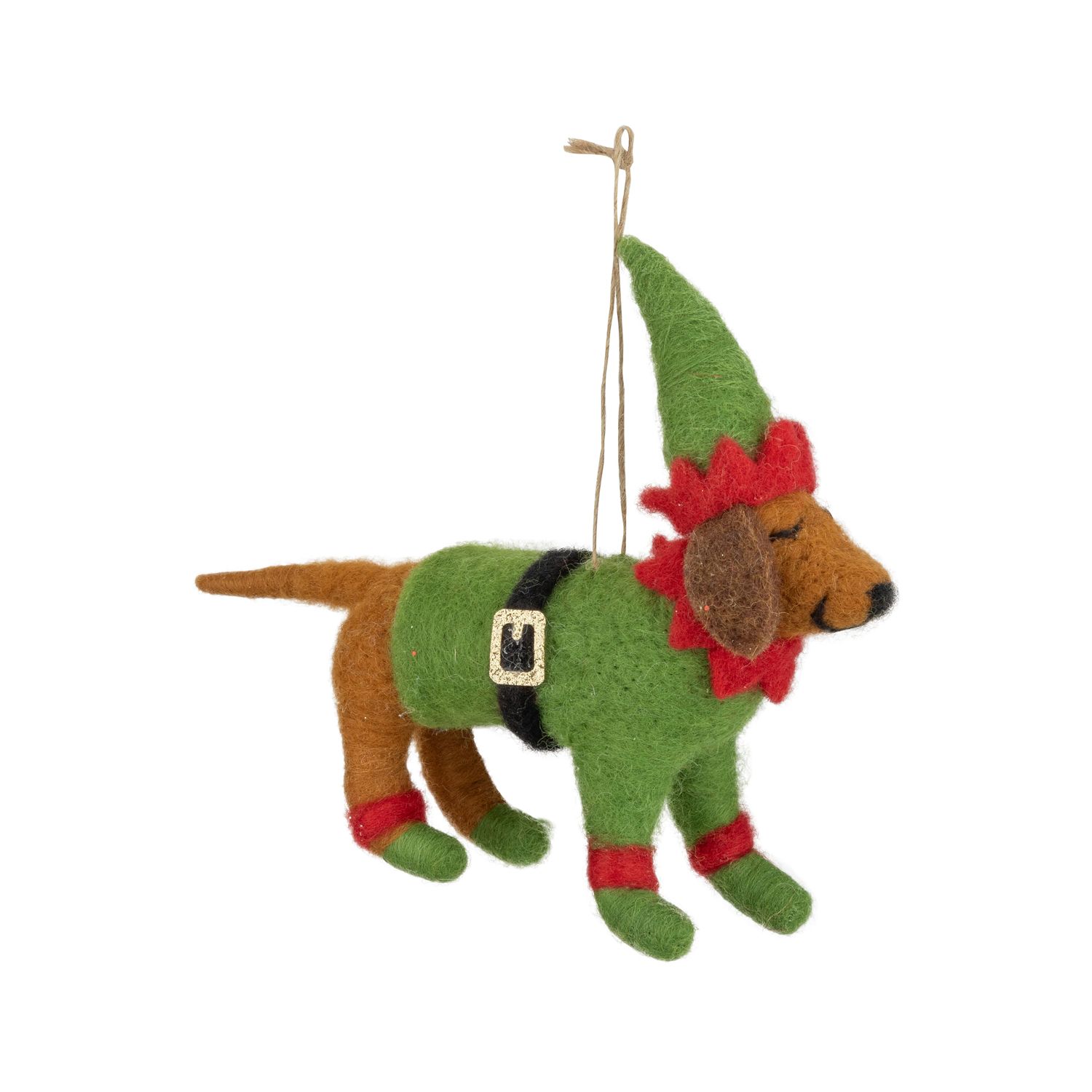 Felt dog ornament in a green elf outfit and hat, 6.5 in  6      