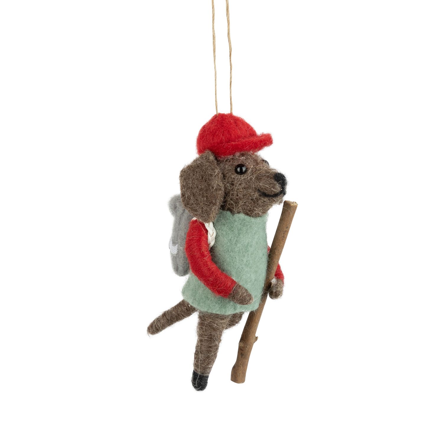 Felt dog ornament, green sweater and red hat with backpack and walking stick, 4.75 in  6      