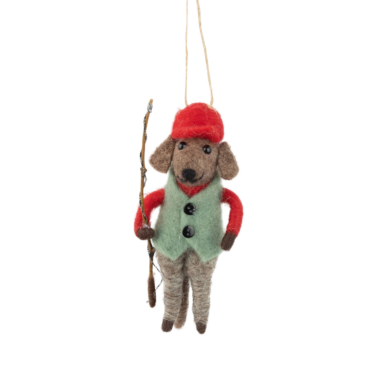 Felt dog ornament with green vest, red hat and a fishing pole, 6.3 in  6      