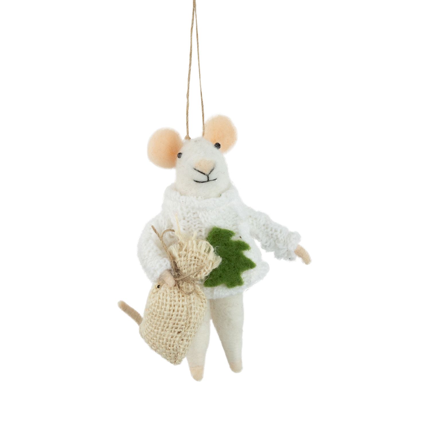 Felt mouse ornament in a white sweater with green tree, 4.75 in  6      