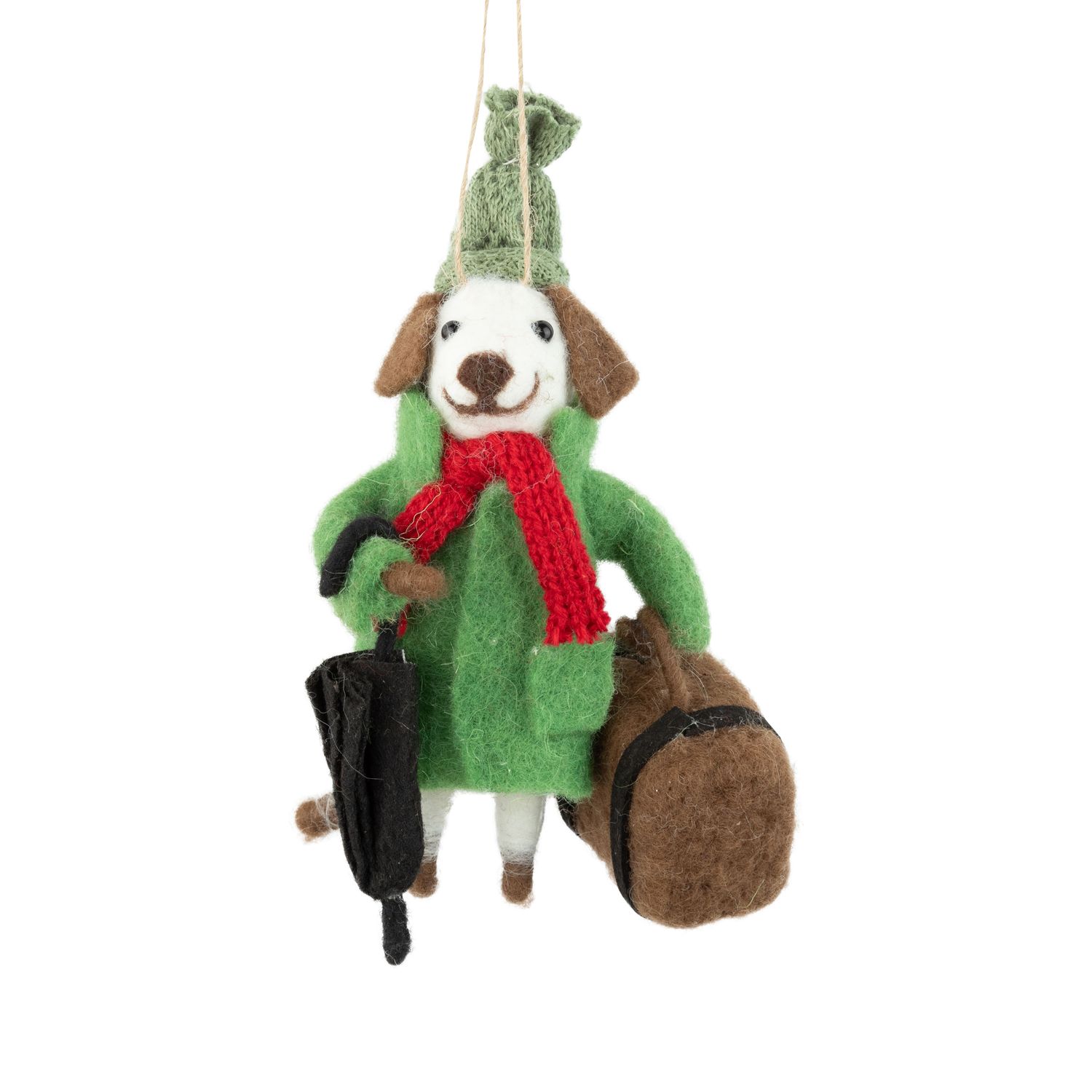 Felt dog ornament in green outfit with umbrella and brown bag, 5.5 in  6      